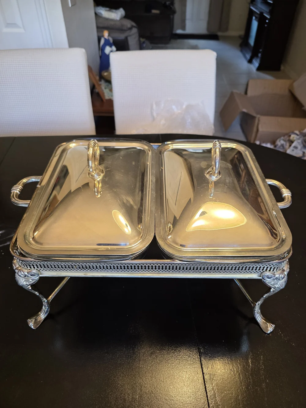 Source Unknown Silver Double Chafing Dish with Ornate Stand